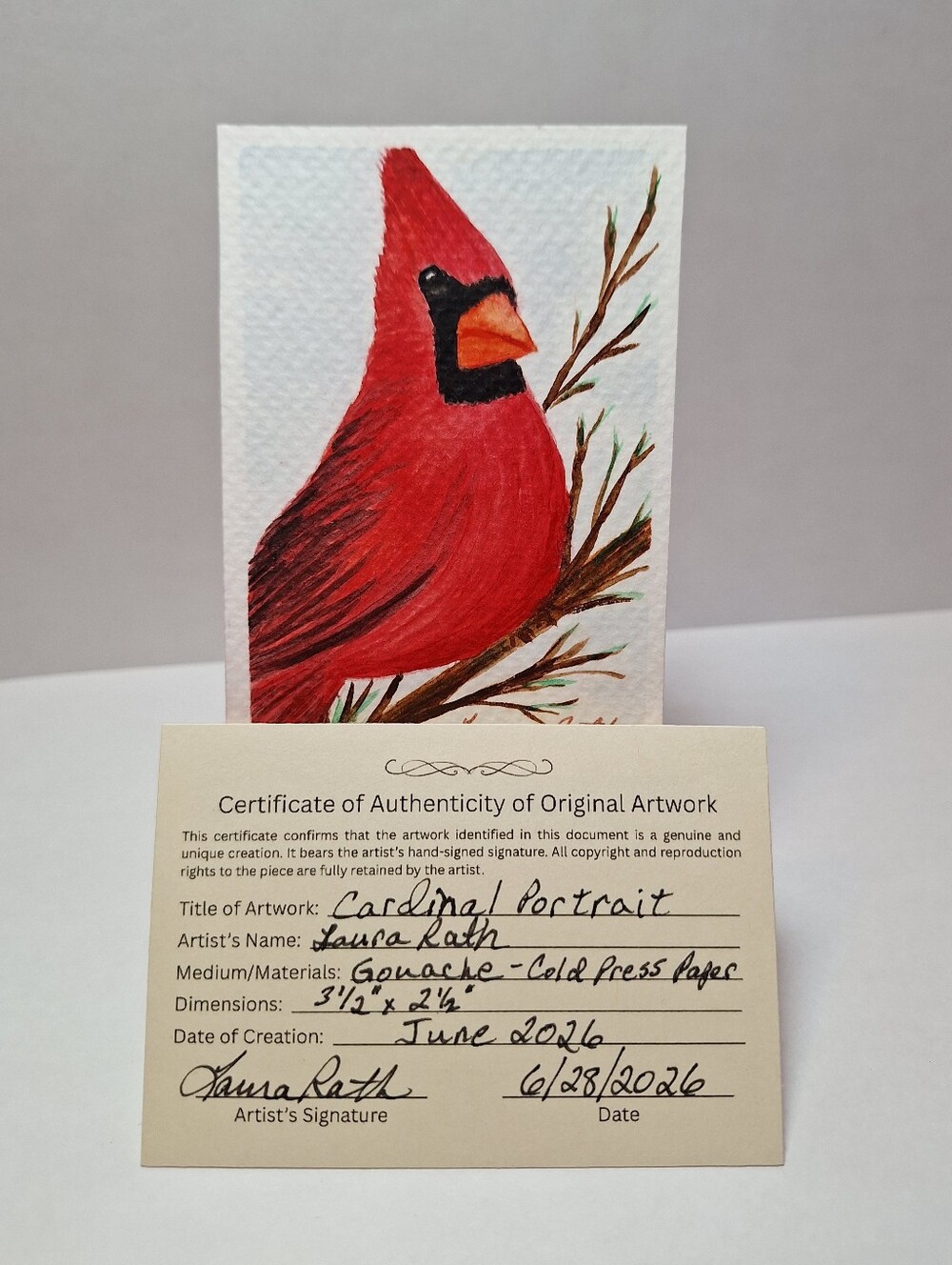 "Cardinal Portrait" Hand-painted gouache painting (Tiny original artwork!) - Picture 4 of 9